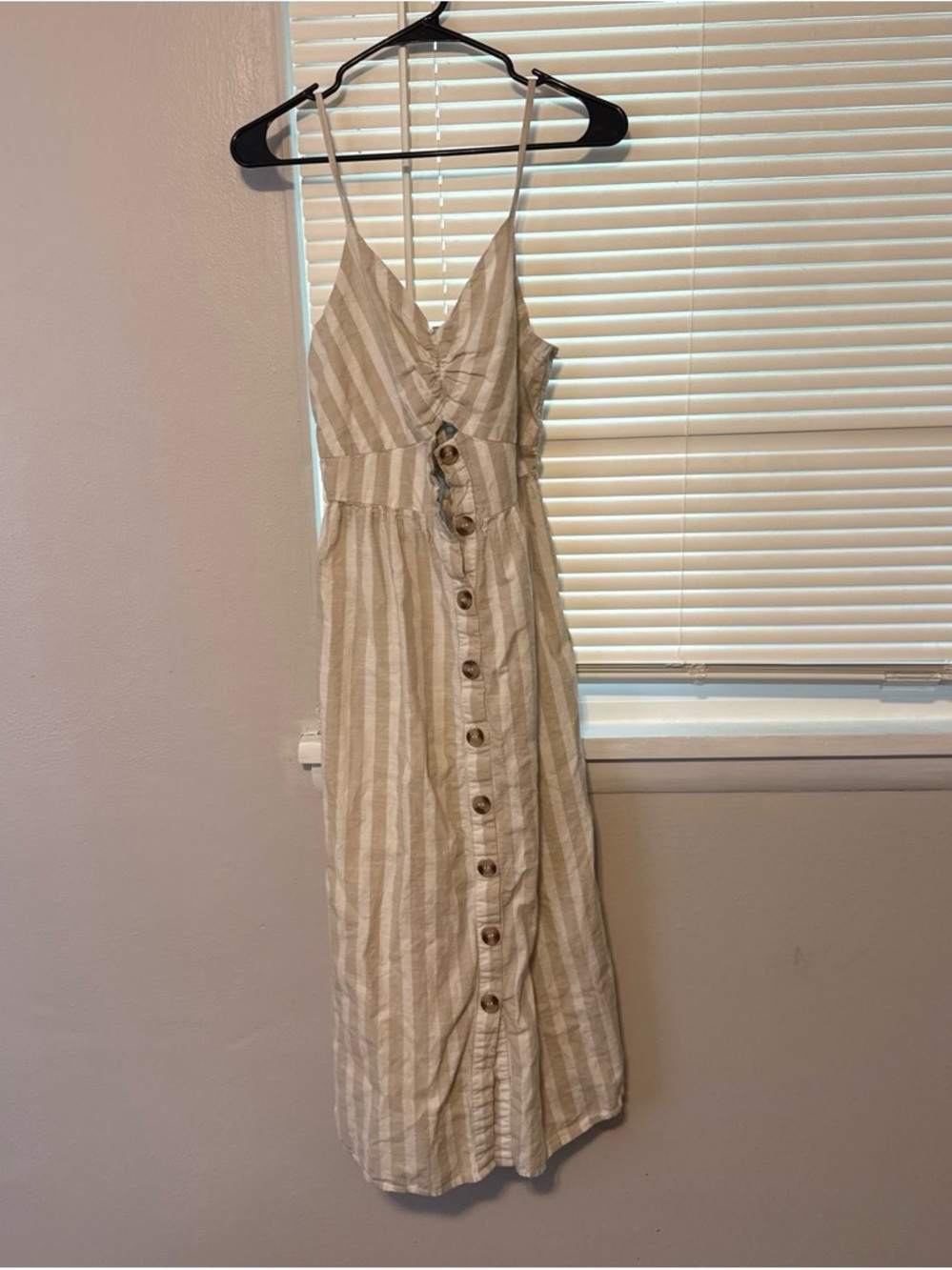 Japna Beige and White Striped Midi Dress with Button Front